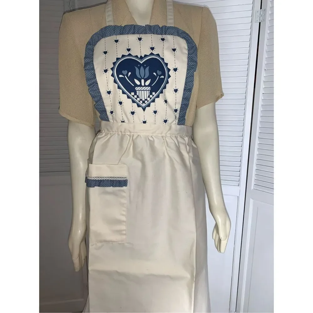 NWOT Vintage‎ Full Apron Blue Country Kitchen Blue Hearts Adult Size